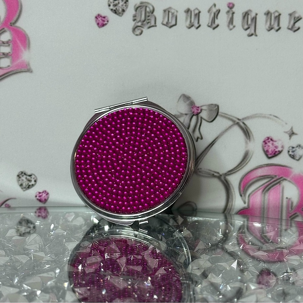 Mini mirror rhinestone bling pink bright Fuchsia Beaded Compact Mirror